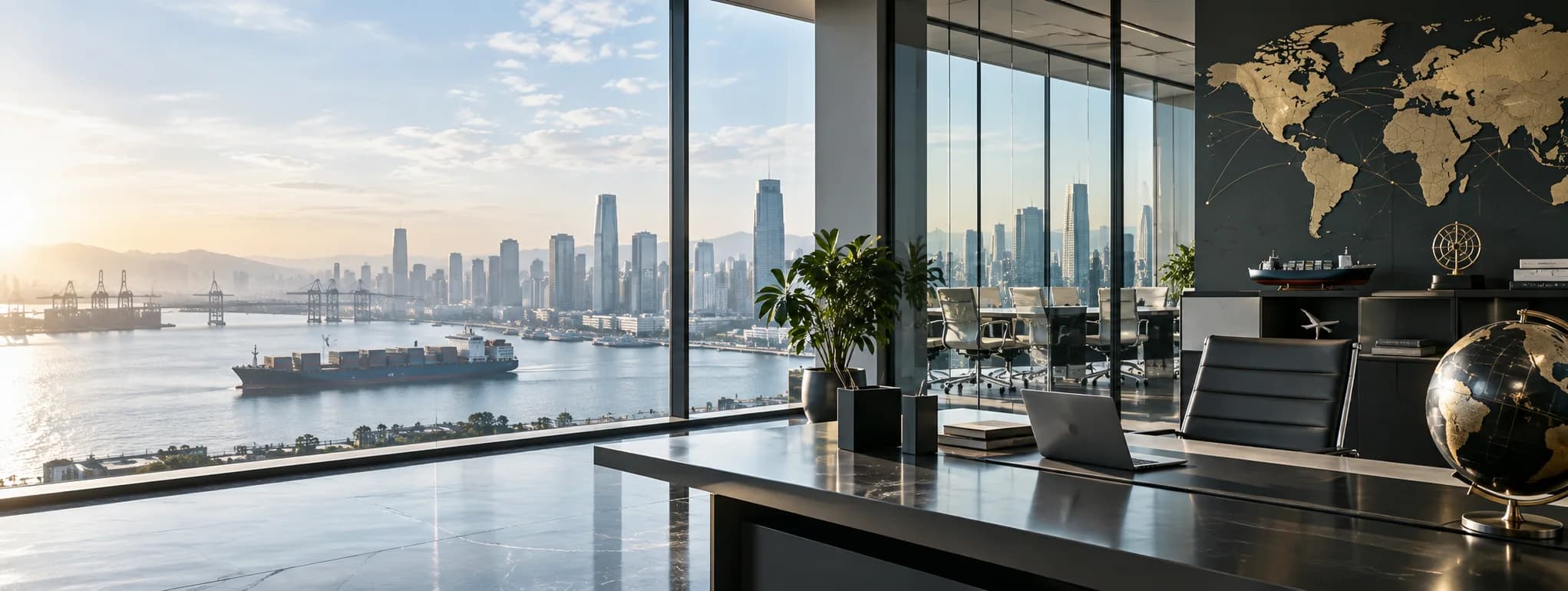 Athena Group international business office overlooking a connected port city