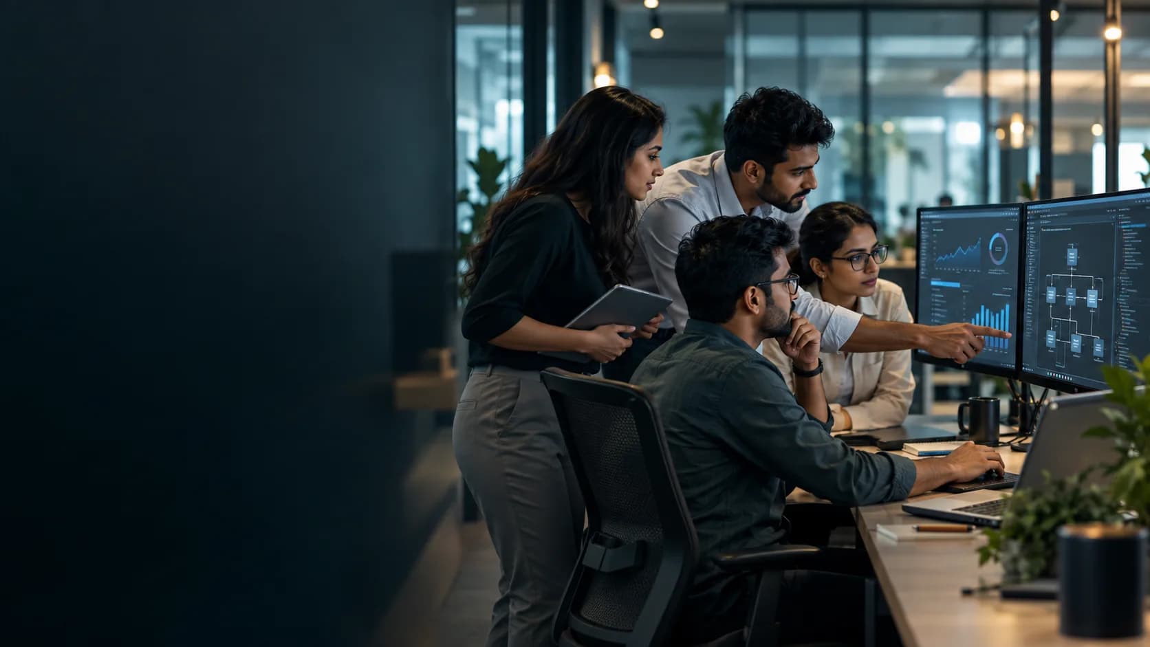 Software engineers reviewing an enterprise application and data dashboard